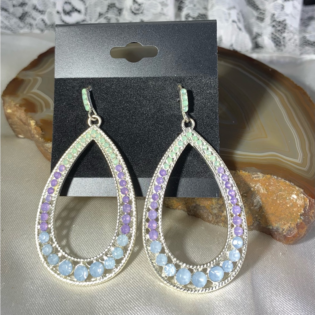 Silver Tone Purple Blue And Lite Green 2' Hoop Earrings